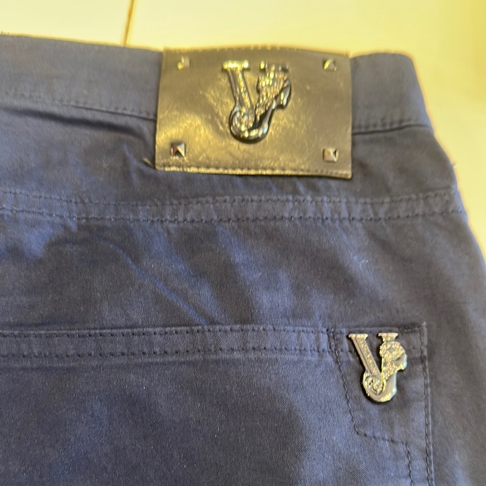 Versace Navy Trousers with Silver Accents